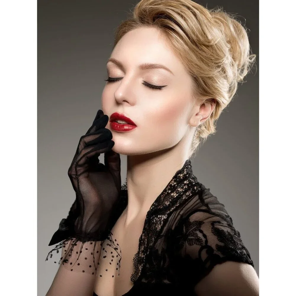 Women's Short Black Bow Lace Gloves Tea Party Elegant Opera Wedding Accessories